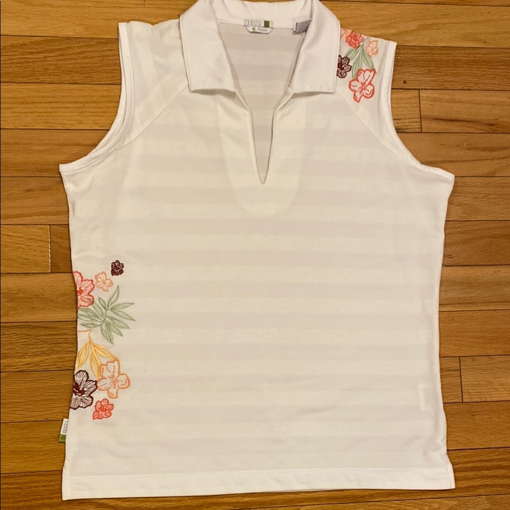 Floral Embroidered IZOD Golf White Sleeveless Top